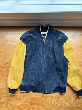 Navy Suede Bomber Jacket with Mustard Leather Sleeves